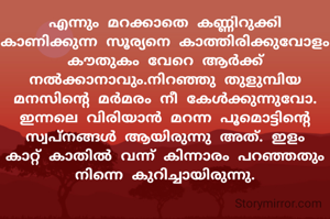 എന്നും മറക്കാതെ കണ്ണിറുക്കി കാണിക്കുന്ന സൂര്യനെ കാത്തിരിക്കുവോളം കൗതുകം വേറെ ആർക്ക് നൽക്കാനാവും.നിറഞ്ഞു തുളുമ്പിയ മനസിന്റെ മർമരം നീ കേൾക്കുന്നുവോ. ഇന്നലെ വിരിയാൻ മറന്ന പൂമൊട്ടിന്റെ  സ്വപ്‌നങ്ങൾ ആയിരുന്നു അത്. ഇളം കാറ്റ് കാതിൽ വന്ന് കിന്നാരം പറഞ്ഞതും നിന്നെ കുറിച്ചായിരുന്നു.
