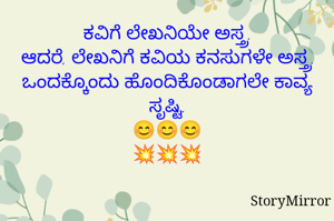 ಕವಿಗೆ ಲೇಖನಿಯೇ ಅಸ್ತ್ರ.
ಆದರೆ, ಲೇಖನಿಗೆ ಕವಿಯ ಕನಸುಗಳೇ ಅಸ್ತ್ರ.
ಒಂದಕ್ಕೊಂದು ಹೊಂದಿಕೊಂಡಾಗಲೇ ಕಾವ್ಯ ಸೃಷ್ಟಿ.
😊😊😊
💥💥💥