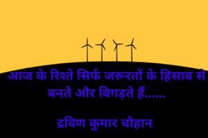 आज के रिश्ते सिर्फ जरूरतों के हिसाब से बनते और बिगड़ते हैं......

द्रविण कुमार चौहान 