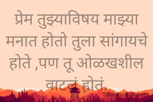 प्रेम तुझ्याविषय माझ्या मनात होतो तुला सांगायचे होते ,पण तू ओळखशील वाटलं होतं.
प्रभावती संदीप वडवळे