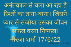 अनंतकाल से चला आ रहा है रिश्तों का ताना-बाना। जिसने प्यार से संजोया उसका जीवन सफल वरना निष्फल।
नीरजा शर्मा 17/6/22