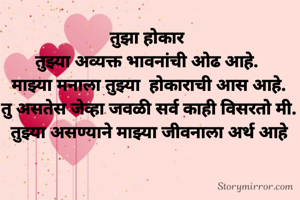 तुझा होकार 
तुझ्या अव्यक्त भावनांची ओढ आहे. 
माझ्या मनाला तुझ्या  होकाराची आस आहे.
तु असतेस जेव्हा जवळी सर्व काही विसरतो मी.
तुझ्या असण्याने माझ्या जीवनाला अर्थ आहे