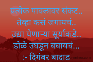प्रत्येक पावलावर संकट..
तेव्हा कसं जगायचं..
उद्या येणाऱ्या सूर्याकडे..
डोळे उघडून बघायचं...
:- दिगंबर बादाड