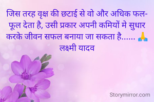 जिस तरह वृक्ष की छटाई से वो और अधिक फल- फूल देता है, उसी प्रकार अपनी कमियों मे सुधार करके जीवन सफल बनाया जा सकता है...... 🙏
लक्ष्मी यादव