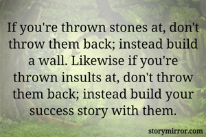 If you're thrown stones at, don't throw them back; instead build a wall. Likewise if you're thrown insults at, don't throw them back; instead build your success story with them.