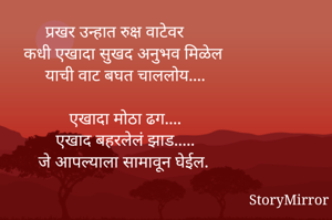 प्रखर उन्हात रुक्ष वाटेवर
कधी एखादा सुखद अनुभव मिळेल याची वाट बघत चाललोय....

एखादा मोठा ढग....
एखाद बहरलेलं झाड.....
जे आपल्याला सामावून घेईल.