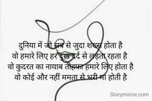 दुनिया में जो सब से जुदा शख्स होता है
वो हमारे लिए हर दुख दर्द से लड़ता रहता है 
वो कुदरत का नायाब तोहफा हमारे लिए होता है
वो कोई और नहीं ममता से भरी मां होती है