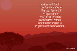 आंखें भर आयीं थी मेरी
 एक रोज़ वो बात सोच कर 
किस कदर बिखर गये थे 
मेरे हालात सोच कर 
ग़म तो आँखों ने छुपा लिए 
अश्क़ों की बरसात समेटकर
मगर ये वक्त ही कमबख़्त था 
जो गुजर गया मेरे जज़्बात खरोंचकर 