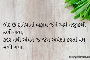 ભેદ છે દુનિયાનો બેફામ જેને અમે નજીકથી કળી ગયા, 
કદર નથી એમને જ જેને અપેક્ષા કરતાં વધુ મળી ગયા.