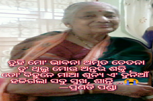 ତୁହି ମୋ' ଭାବନା ଅମୃତ ଚେତନା
ତୁ' ଥିଲୁ ମୋର ଅନ୍ତର ଶକ୍ତି ,
ତୋ' ବିହୁନେ ମାଆ ଶୂନ୍ୟ ଏ' ଦୁନିଆଁ
ହଜିଗଲା ସବୁ ସୁଖ, ଶାନ୍ତି ..😭
        —ପ୍ରଣତି ପଣ୍ଡା