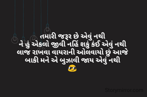 તમારી જરૂર છે એવું નથી
ને હું એકલો જીવી નહિં શકું કંઈ એવું નથી
લાજ રાખવા વાયરાની ઓલવાયો છું આજે
બાકી મને એ બુઝાવી જાય એવું નથી
😎
