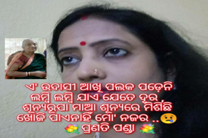 ଏ' ଉଦାସୀ ଆଖି ପଲକ ପଡ଼େନି
ଲମ୍ବି ଲମ୍ବି ଯାଏ ଯେତେ ଦୂର ,
ଶୂନ୍ୟରୂପା ମାଆ ଶୂନ୍ୟରେ ମିଶିଛି
ଖୋଜି ପାଏନାହିଁ ମୋ' ନଜର ..😢
       💐ପ୍ରଣତି ପଣ୍ଡା 💐